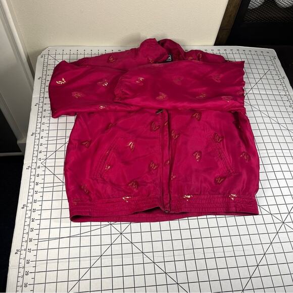 Abvien Vintage SILK Prink Gold Butterfly Bomber Jacket Barbie Zip Up Collared L - Picture 9 of 12